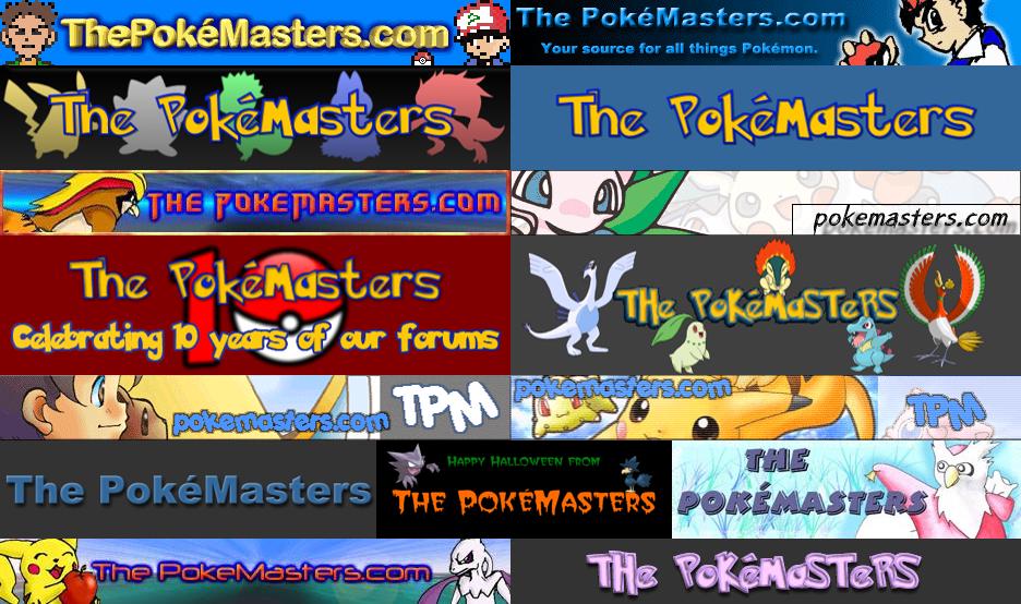 A collection of banners featured on The PokéMasters between 1998 and 2025