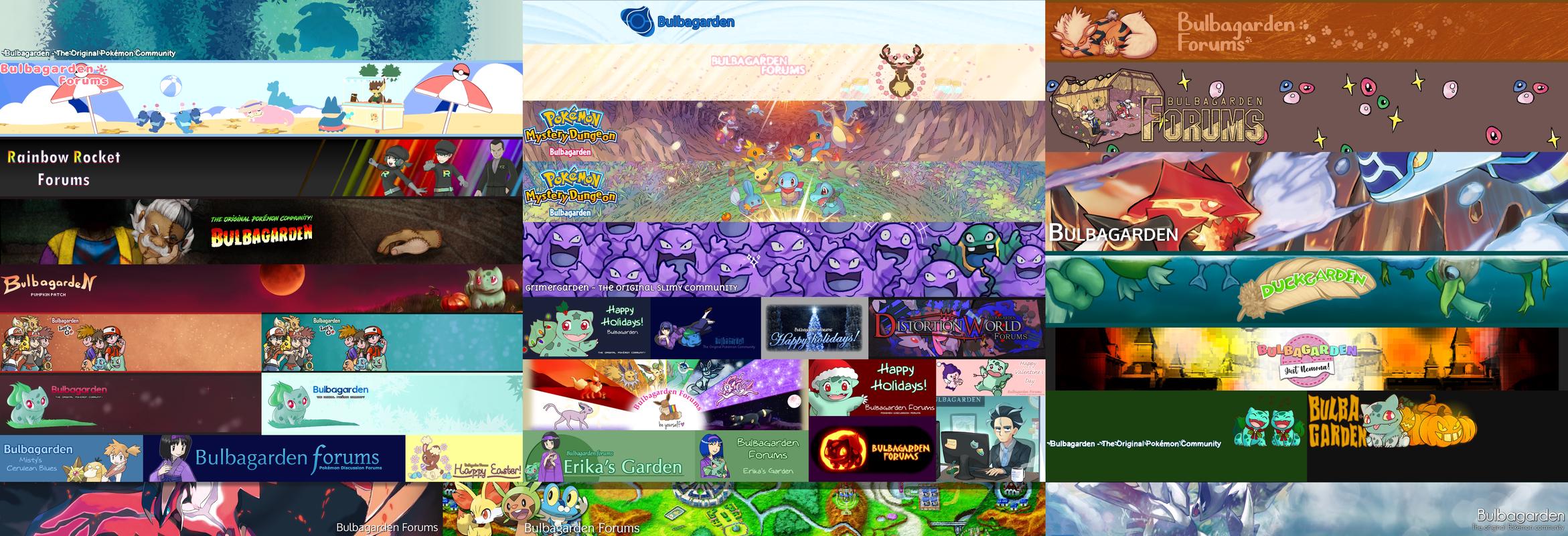 A selection of banners and logos from Bulbagarden's history, between 1999–2025