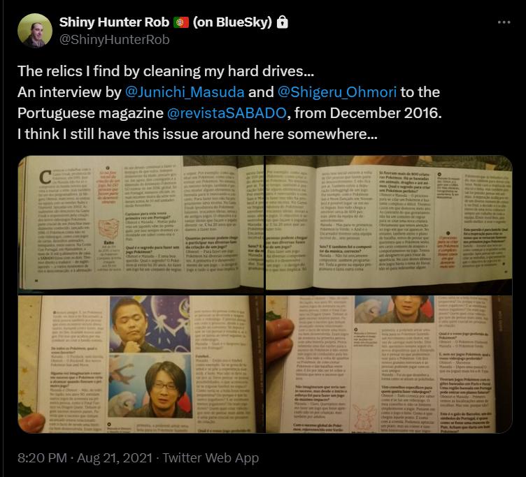 A tweet (now unavailable) from Rob, sharing a magazine interview with Junichi Masuda and Shigeru Ohmori