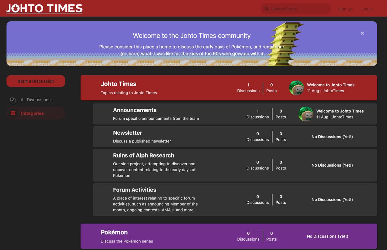 An early screenshot of the Johto Times Community Forum, in September 2025