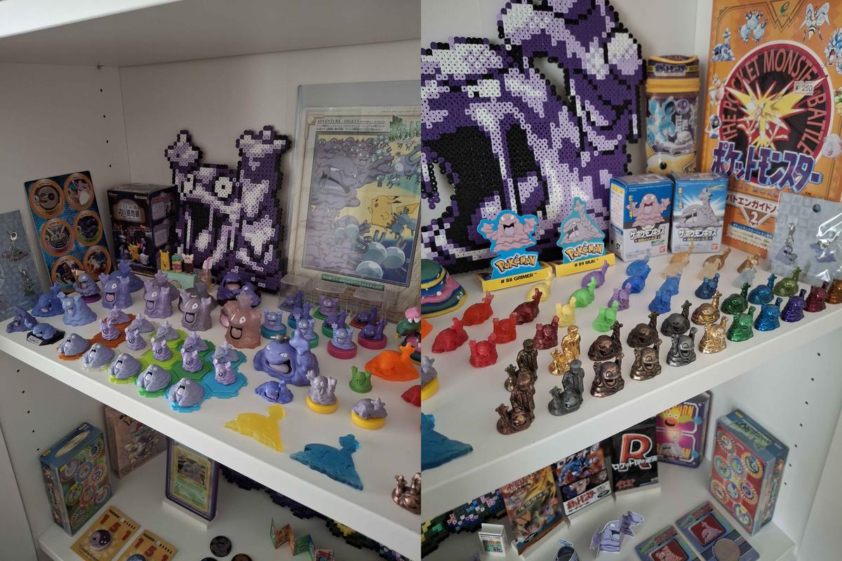 Joponnes has amassed quite the collection of Grimer and Muk items over the years, with multiple shelves dedicated to these slimy creatures, featuring figures, charms, coins, trading cards, and more