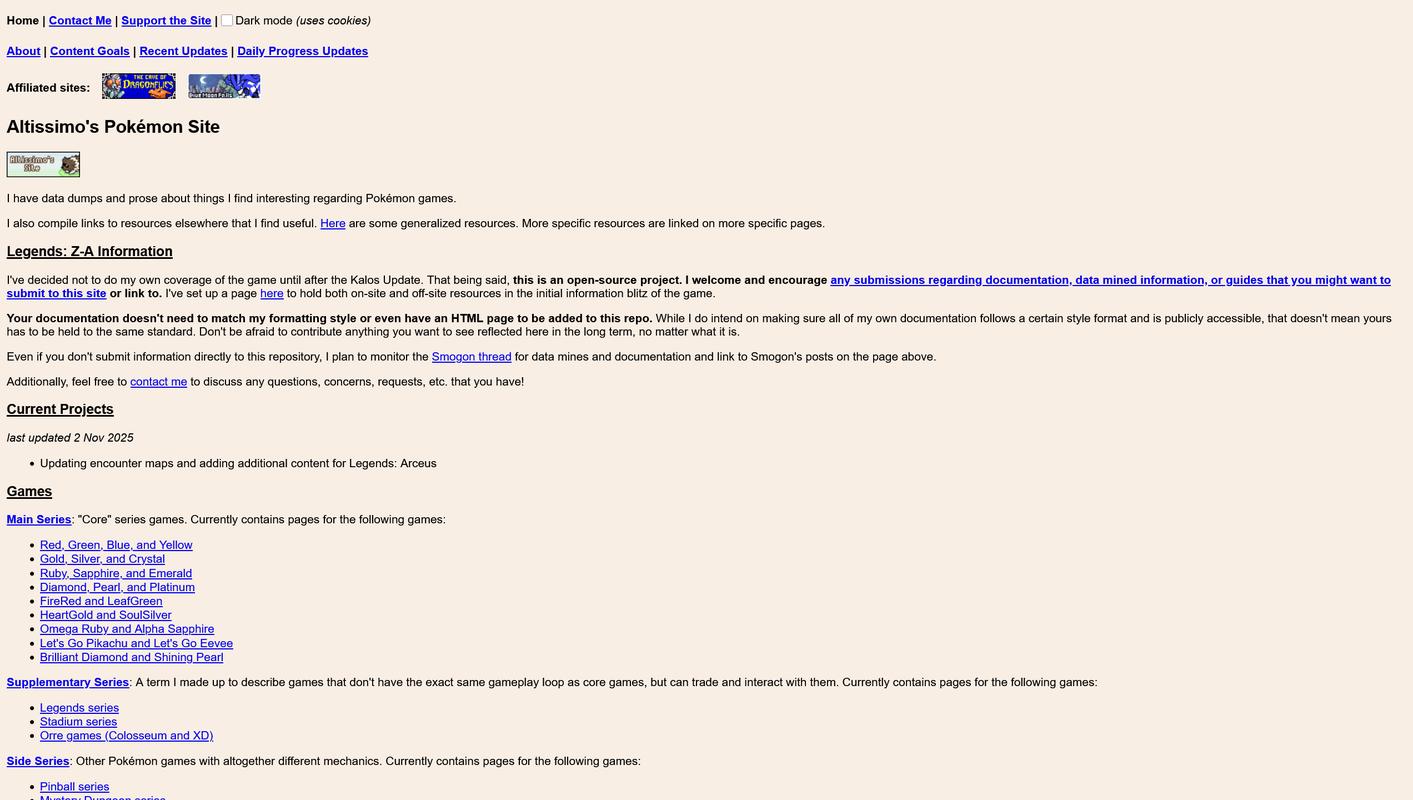 A screenshot from Altissimo’s Pokémon Site (December 2025)