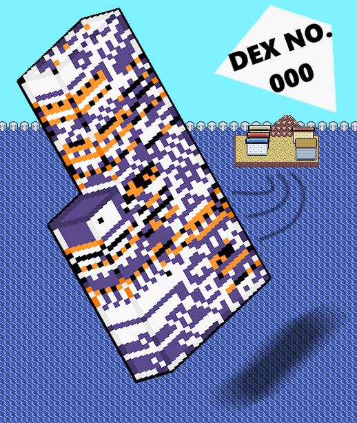 A picture Missingno. Master drew of Missingno. flying above the sea in Kanto on Route 20, with Cinnabar Island in the background