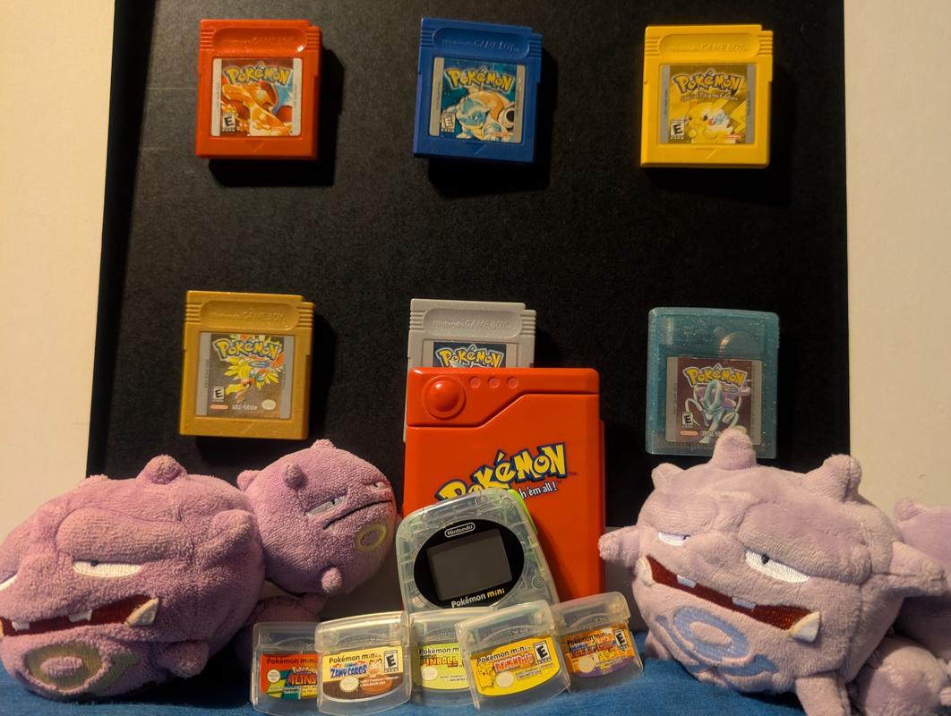 A photograph of Missingno. Master's cherished Pokémon items, which include his old Pokémon Game Boy games mounted to a board, his Pokédex toy, two Weezing plush toys, and his Pokémon Mini console with games