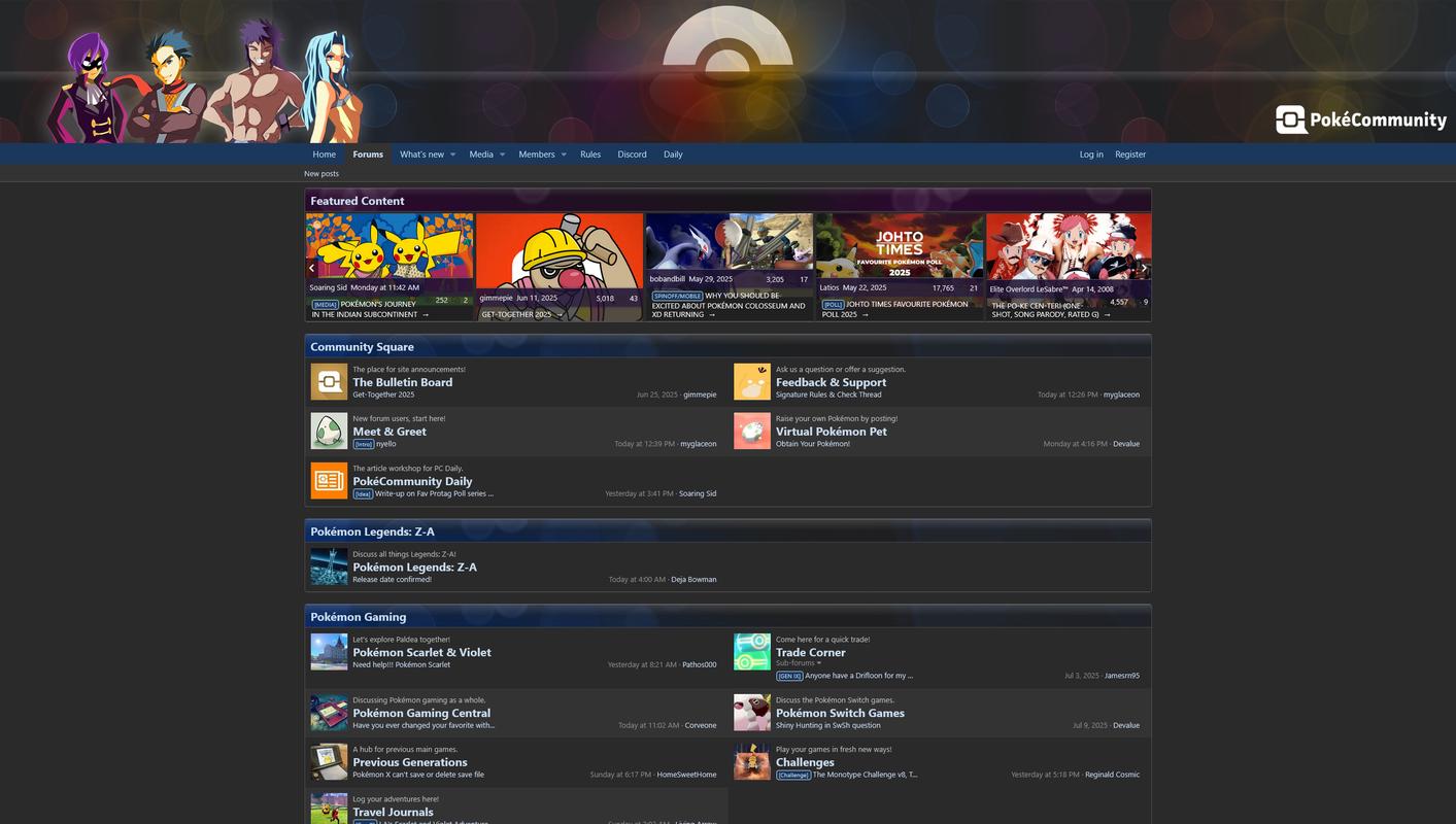 PokéCommunity is a message board for Pokémon fans, which launched in October 2002 (screenshot from July 2025)