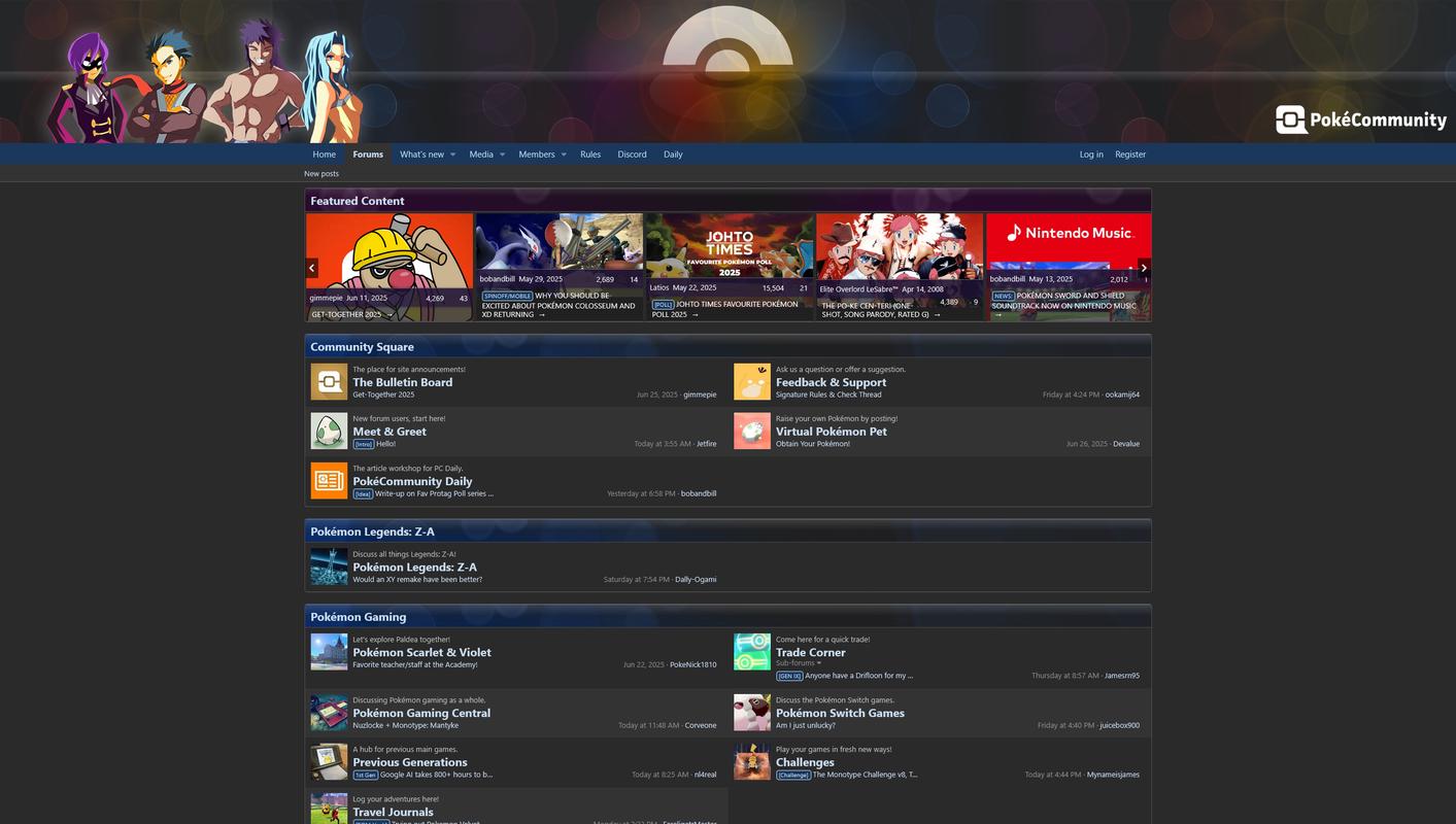 PokéCommunity is a message board for Pokémon fans, which launched in October 2002 (screenshot from July 2025)