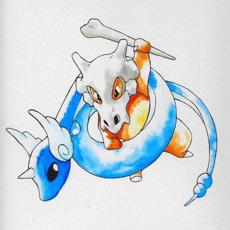 A Cubone fighting off a Dragonair's Wrap is not such a random choice as it might seem at first glance. The illustration is actually a birthday present for a friend of mine and those two \[are among\] her favourite Pokémon. Portraying a fierce battle was a dynamic way \[to\] put them together. Particularly, the Carddass cards from 1997 were a big inspiration for the composition, as we rarely see Pokémon battling each other in official illustrations. For the colouration I used some new, high quality water colours. They are strong, so strong in fact they covered up the line art and I had \[to\] brighten it up with some clear water. Nonetheless the present was still received well.