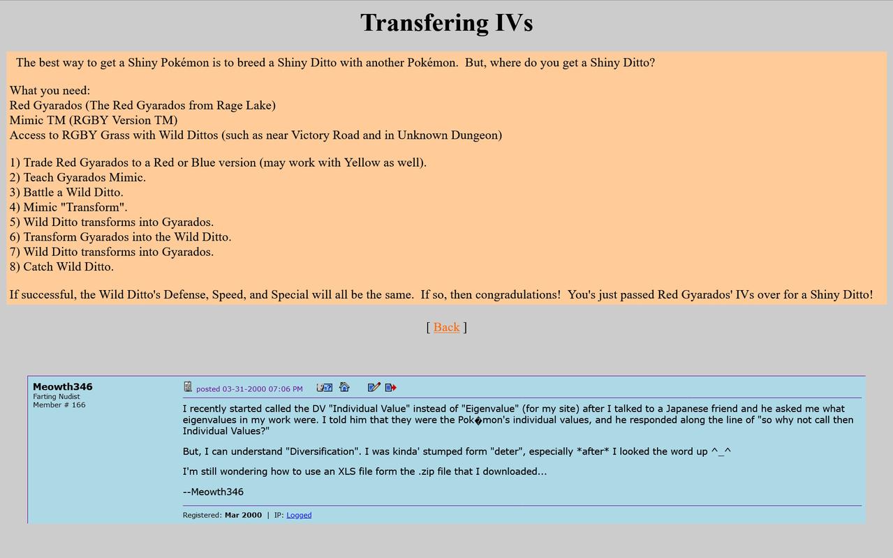 A page from Pokémon Forever in April 2001 and a post from Azure Forums from March 2000 discussing Pokémon IVs