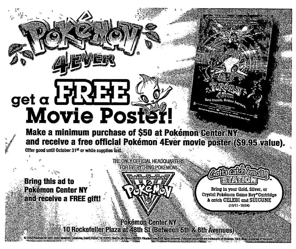 A Pokémon 4Ever movie poster promotion from the Pokémon Center New York store