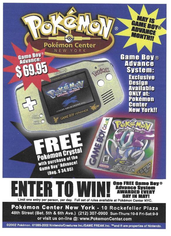 A scan of a leaflet advertising a Pokémon Center NYC edition Game Boy Advance, and a copy of Pokémon Crystal