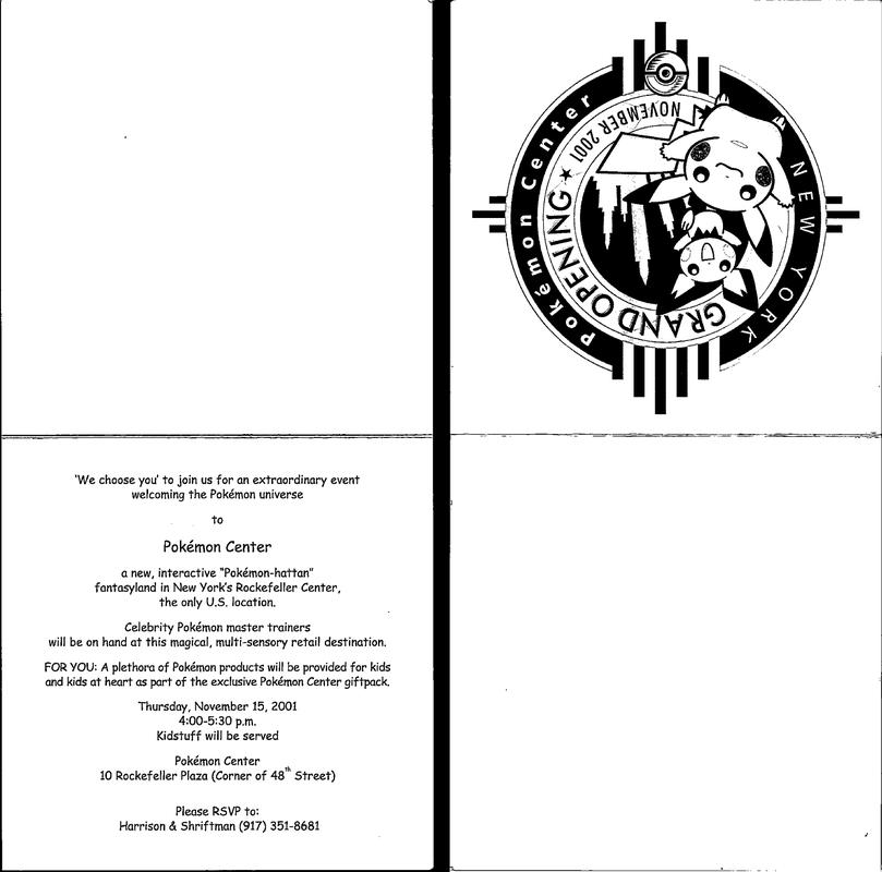 A scan of an invitation to the grand opening of the Pokémon Center NYC