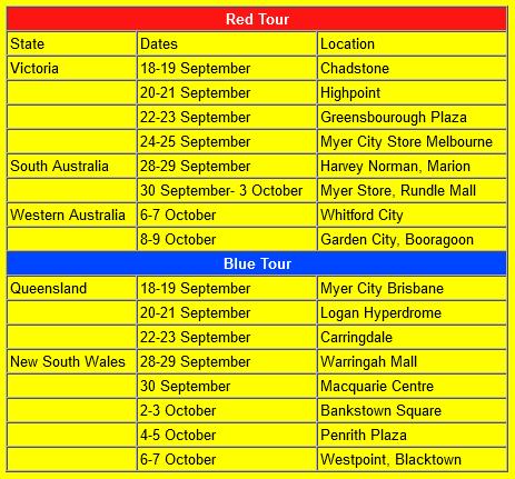 A schedule from the official Pokémon website at the time, detailing the Red and Blue Tours that took place across Australia