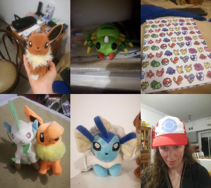 A selection of Pokémon plush toys, a sketchbook, and a Pokémon cap from Lady Vulpix's collection