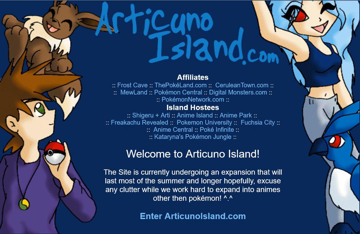 A splash page for Articuno Island from August 2000