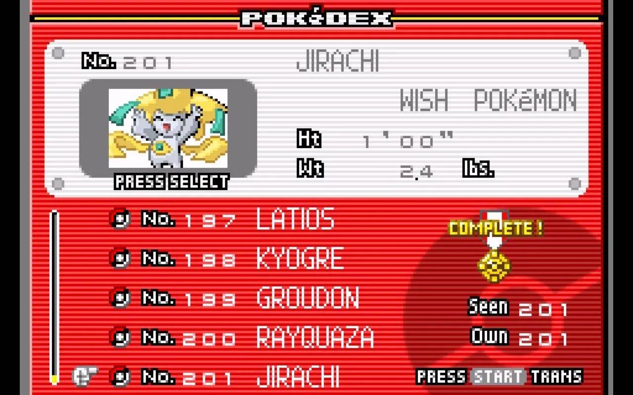 All 201 Pokémon obtained! Maybe I can somehow obtain the four e-reader exclusive Pokémon – Cyndaquil, Totodile, Chikorita, and Aerodactyl – someday?