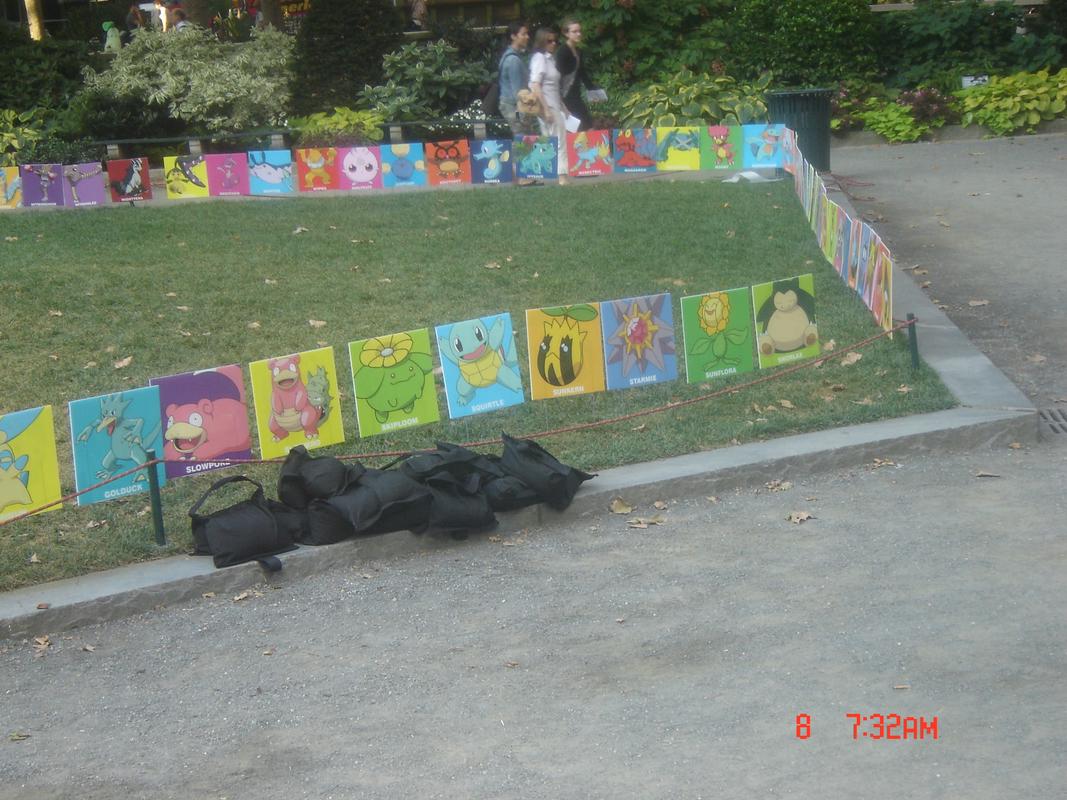 An area within Bryant Park covered with images of Pokémon characters