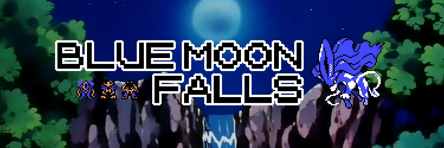 The Blue Moon Falls header, featuring Entei, Raikou, and Suicune sprites and the anime location the site is named after