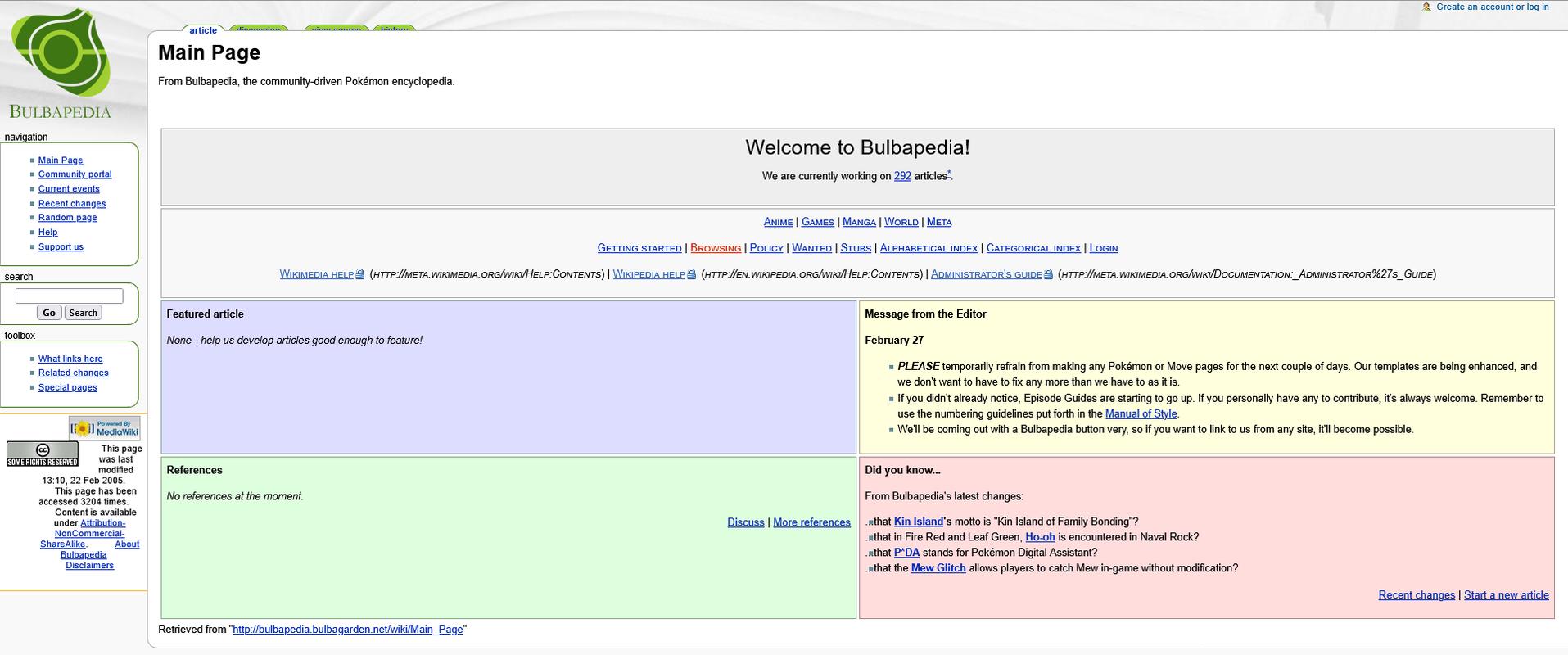 Bulbapedia, February 2005