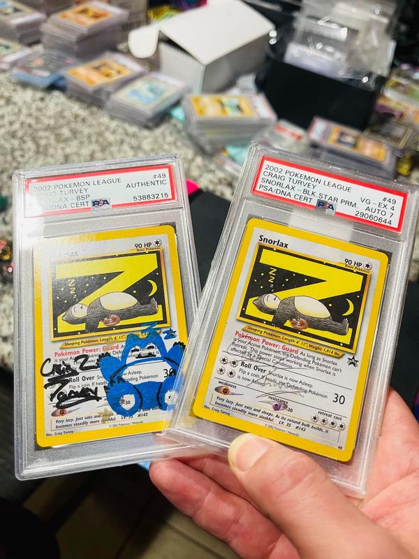 Craig signed and sketched on some Snorlax Pokémon cards as part of a mini set