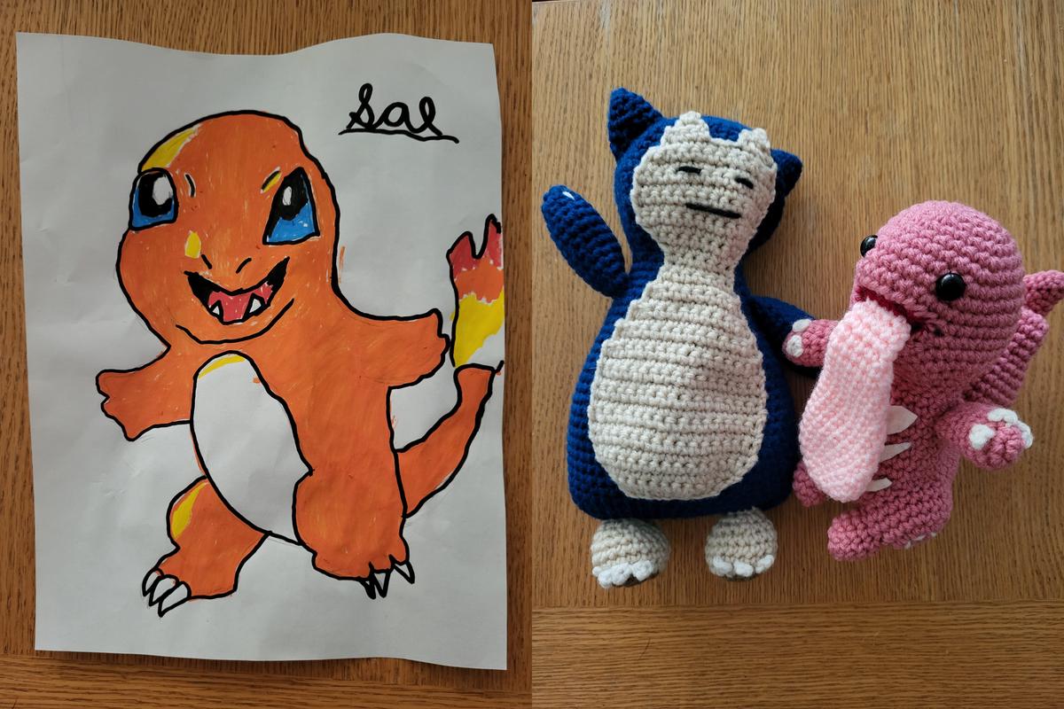 Fans from various conventions sometimes give Mike gifts based on Pokémon he has voiced. Pictured are some artwork of Charmander, and a crochet Snorlax and Lickitung