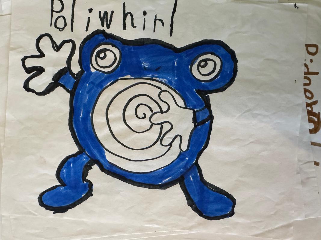 A photograph of Jed’s Poliwhirl drawing