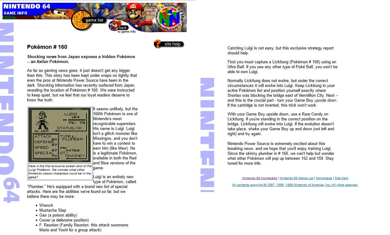 Luigi was announced as an evolution of Lickitung on the Official Nintendo website on April 1st, 1999