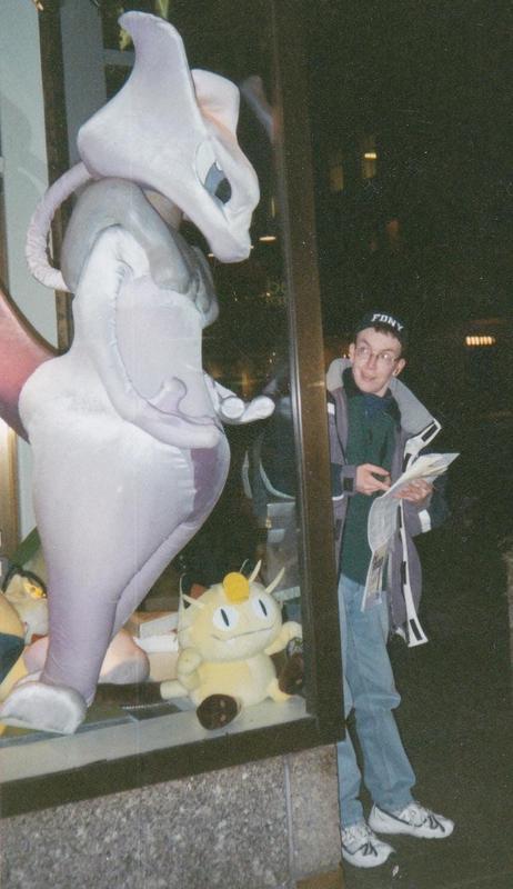 Mewtwo in the window of the Pokémon Center New York store