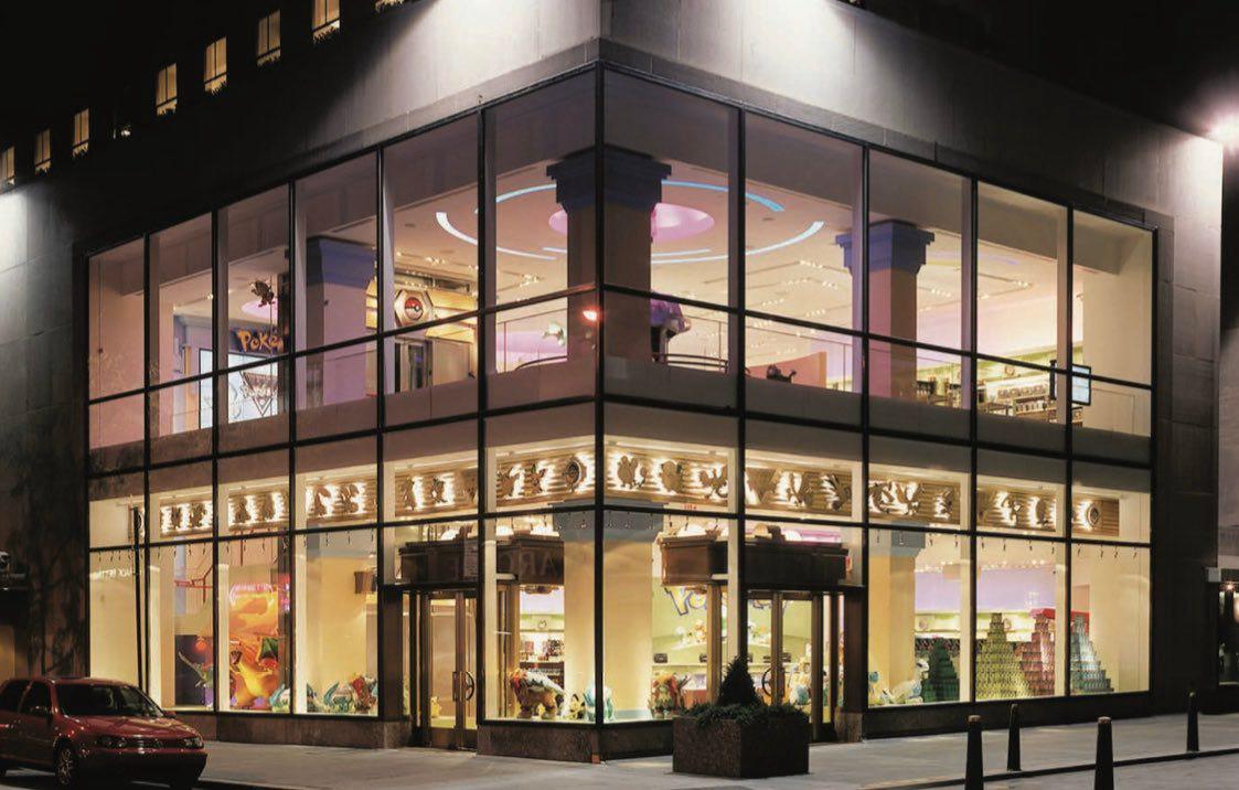 Photograph of the Pokémon Center New York, showing two floors at night