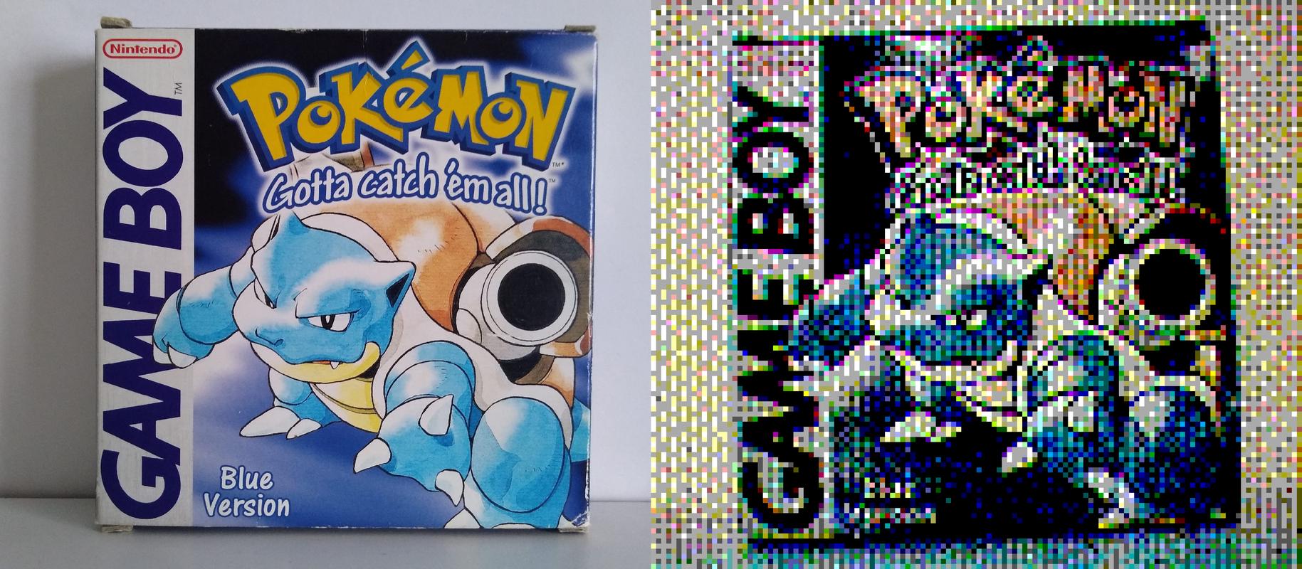 Photographs of my original copy of Pokémon Blue, with very different cameras! Left is my regular mobile phone camera, and on the right is my Game Boy Camera through colour lenses (Photo credit: Johto Times)
