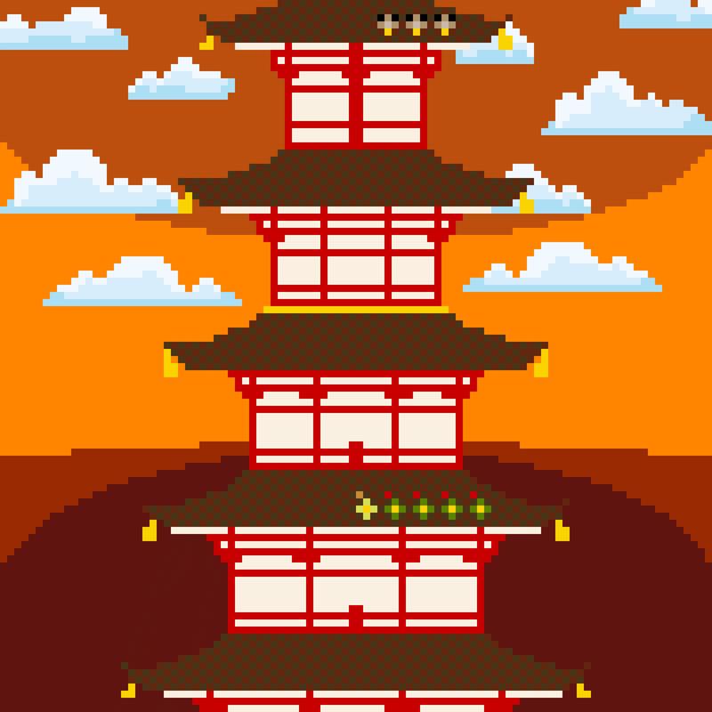 Pixel art of Ecruteak City and featuring its Bell Tower, by TubaGuyChris