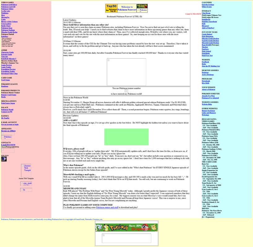 Pokémon Forever’s layout from October 1999
