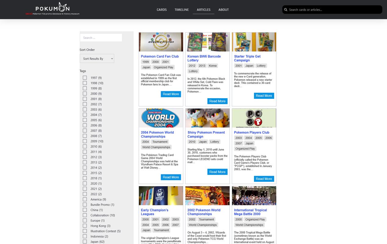Pokumon’s Article page, searchable by year and topic