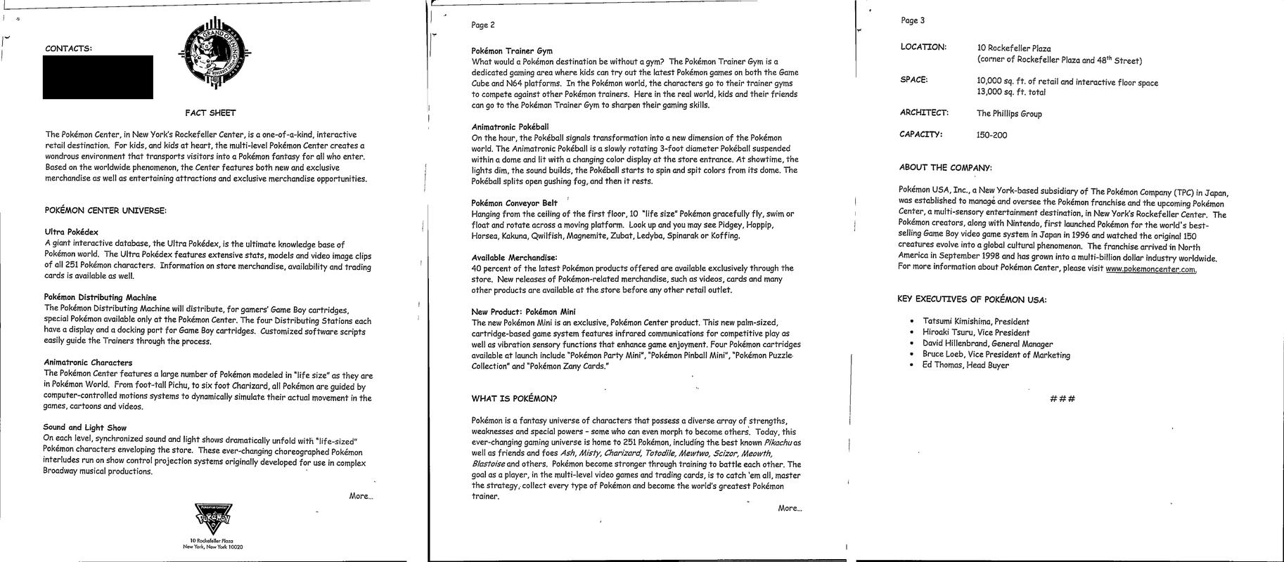 Scans of a Pokémon Center NYC fact sheet, detailing its many features and the products it offers