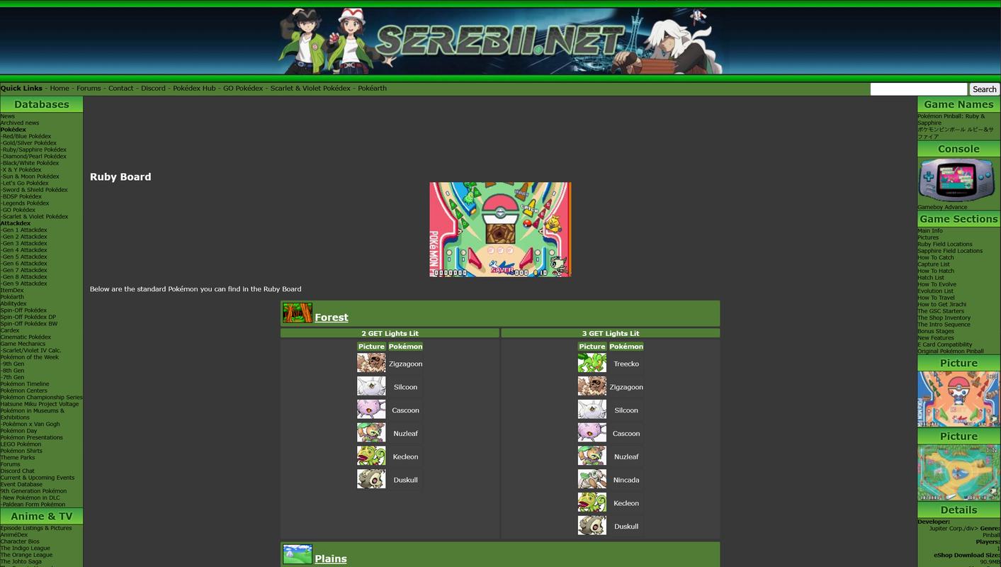 Serebii’s Pokémon Pinball: Ruby & Sapphire page now has accurate details on how to encounter and evolve each Pokémon, allowing more people to complete their Pokédexes