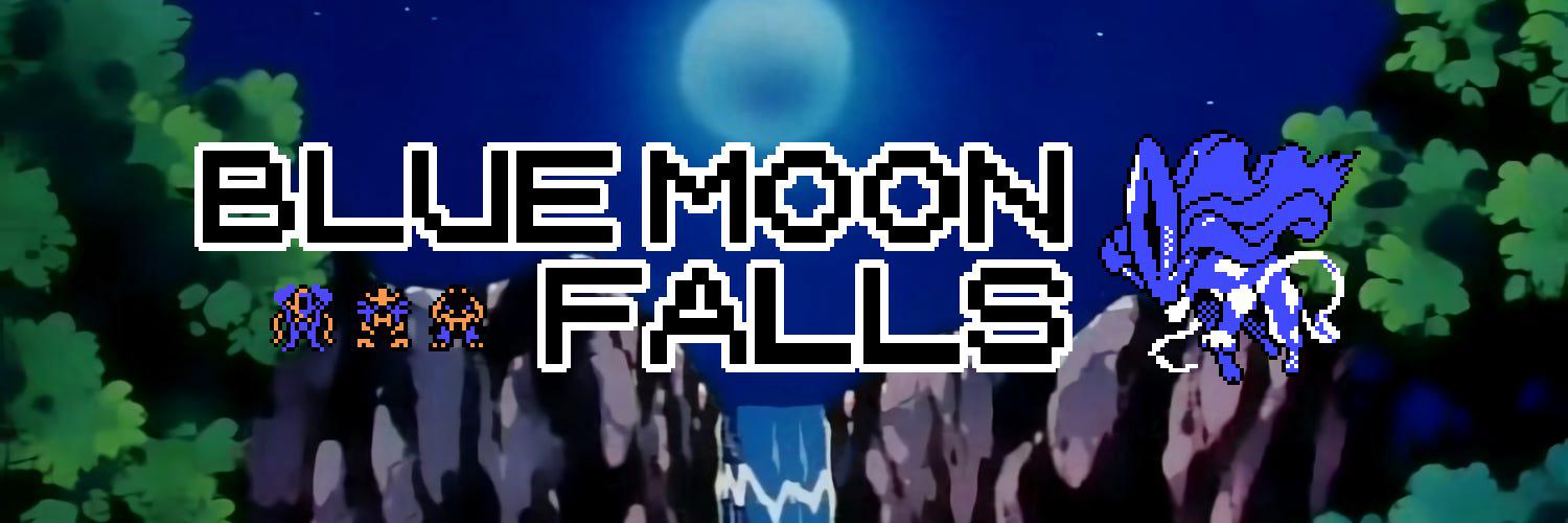 The Blue Moon Falls header, featuring Entei, Raikou and Suicune sprites, and the anime location the name originates from