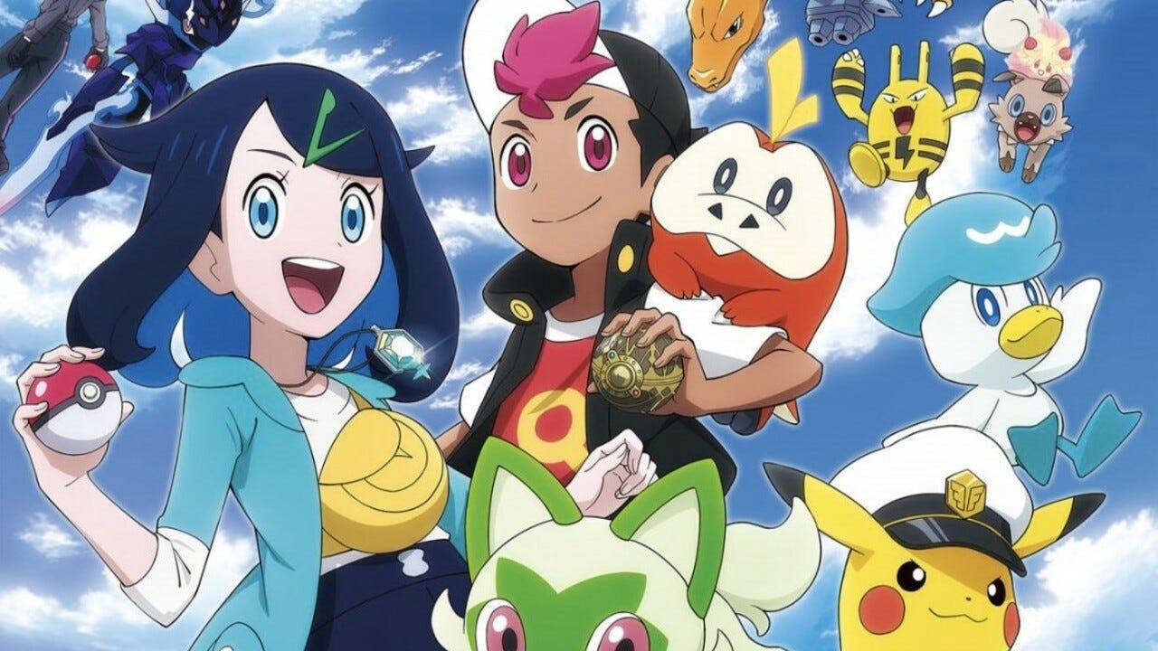 The main characters of Pokémon Horizons: Liko, Roy and a variety of Pokémon characters