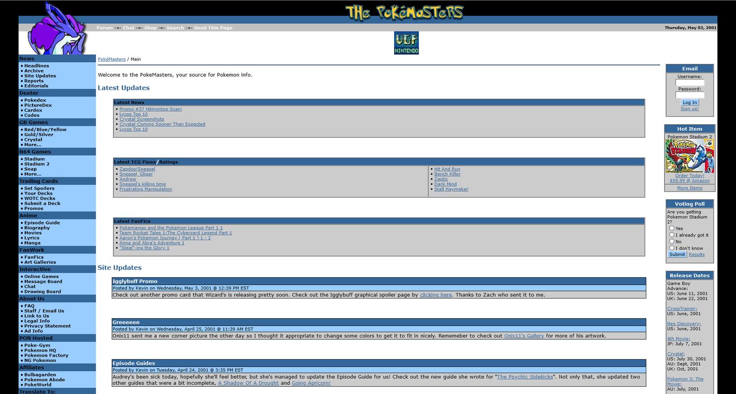 The PokéMasters website from May 2001