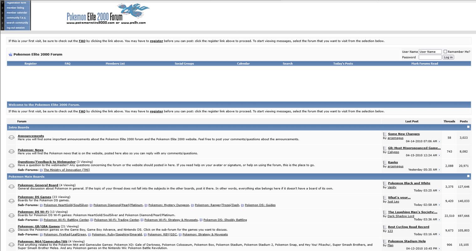 The Pokémon Elite 2000 forums from around 2010
