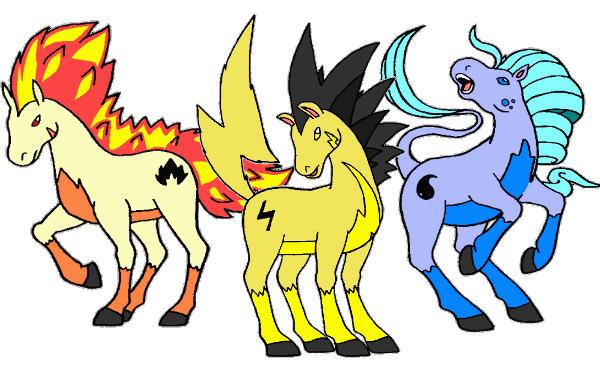 The Pokémon Factory includes a Concept Art section, filled with tons of great artwork created by fans that were used to develop the fake Pokémon. Here's Thundash, Flamash and Aquash by Antarctros