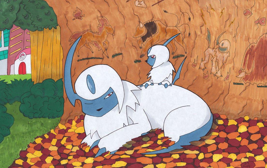 This piece of Absol art was done as a 2024 submission contest for a set of trading cards. Of the options, I chose Absol because it has a special place for me growing up playing Ruby on my GBA. I wanted to show it in a peaceful moment while the ancient artwork on the wall of its cave den depicts its unfortunate reputation to humans, being linked to catastrophe.