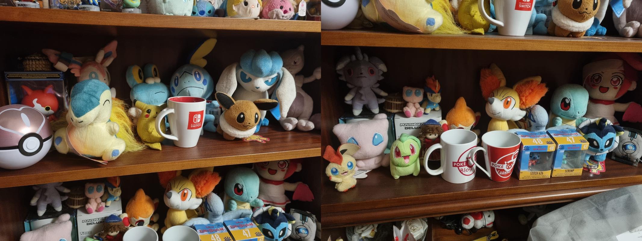 Various mugs and Pokémon plush toys which belong to Ricardo, including his original Pikachu plush he has had since childhood